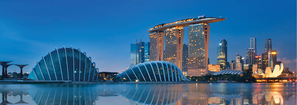Gardens by the Bay and Singapore skyline reflection on blue water at blue hour in Singapore.