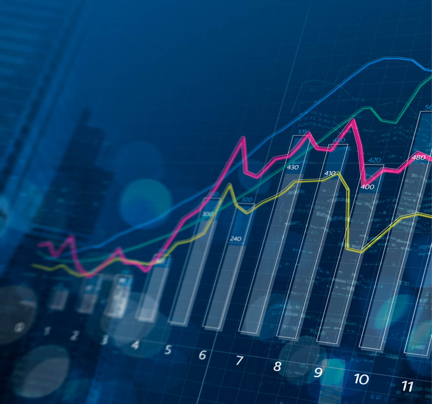 Business growth, progress or success concept. Financial bar chart and growing graphs with depth of field on dark blue background.