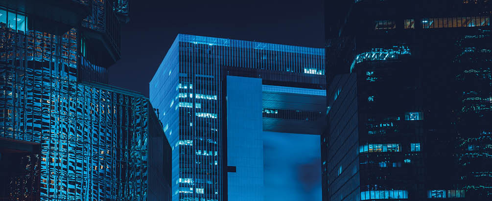 Facade of modern building at night